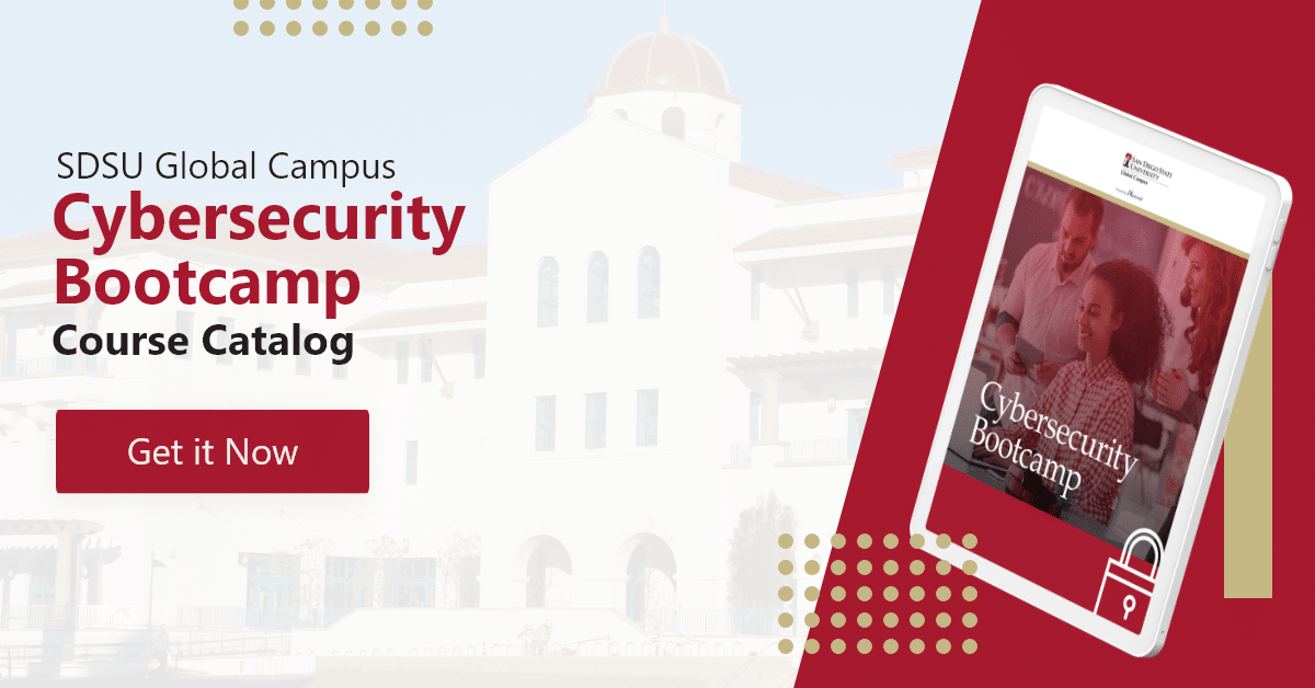call to action banner reading SDSU Global Campus Cybersecurity Bootcamp Course Catalog with a Get it Now link to download